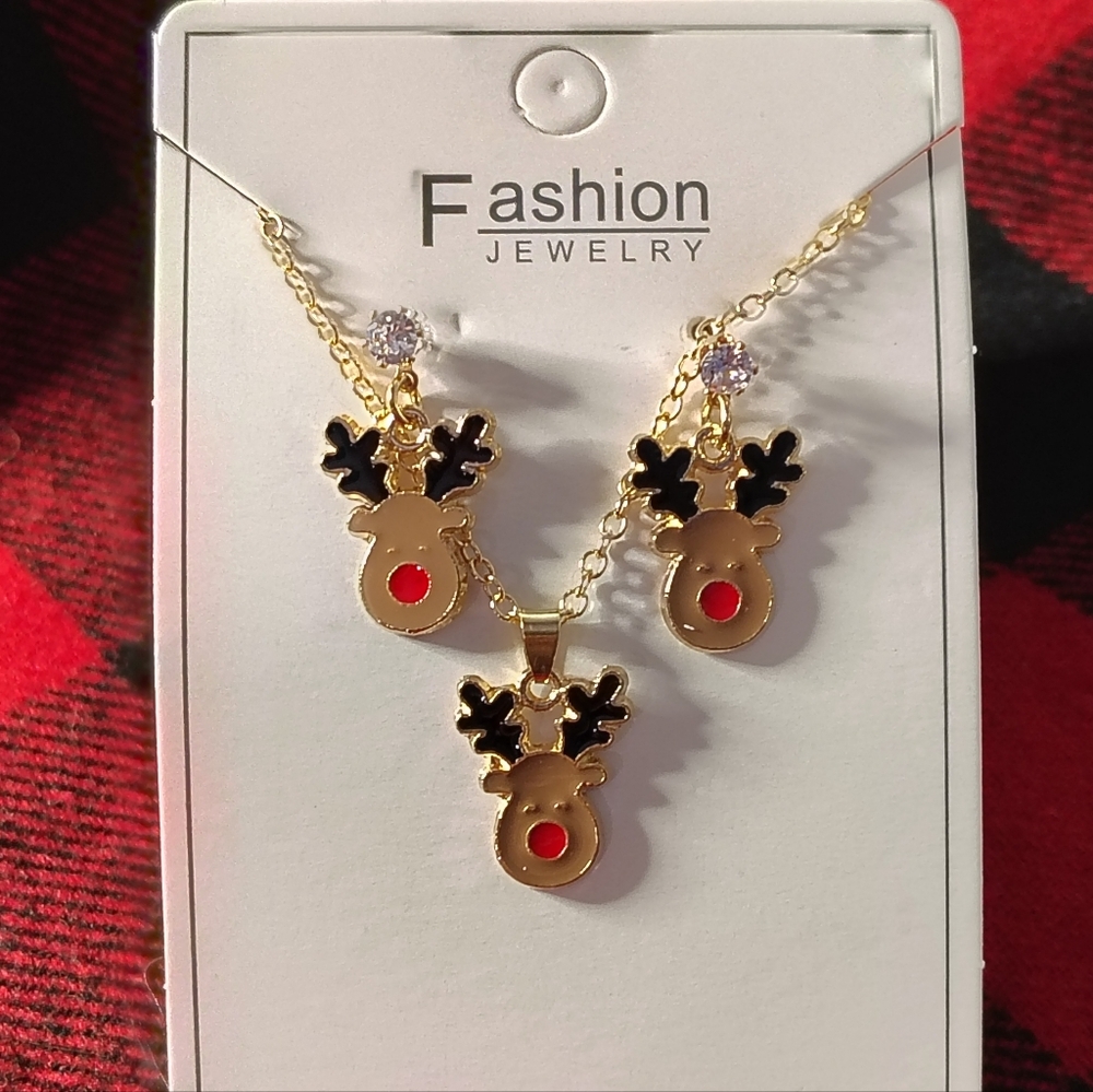 🦌Christmas Necklace & Stud Dangle Earring Set Reindeer